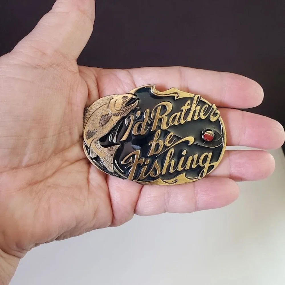 GREAT AMERICAN BUCKLE CO Belt Buckle Vintage 1985 I'd Rather Be Fishing Brass